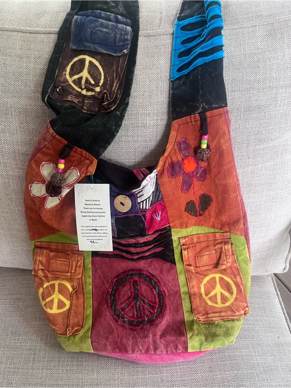 NWT Rising International Multicolor Patchwork Peace Sign Crossbody Bag